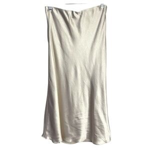 Skylar + Madison Satin Midi Skirt Size L Ivory Beige Bias‎ Cut Elastic Pull On